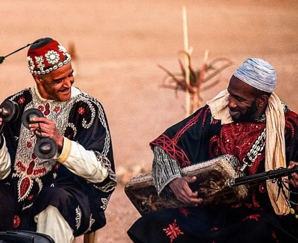 Gnaoua musicians at Agafay Desert night pass camp near Marrakech